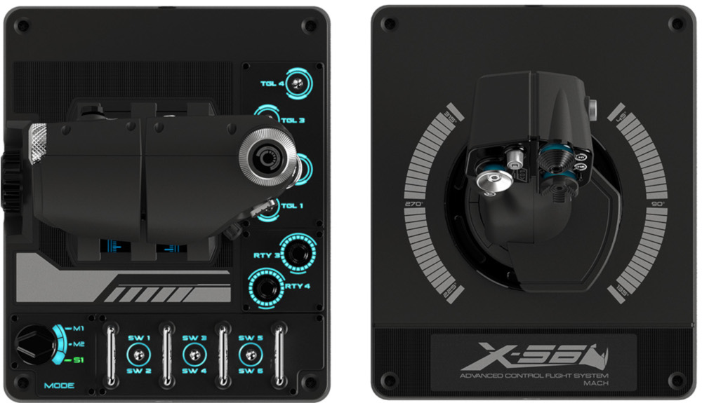 A black flight control panel with buttons and dials. It has a joystick and various control options.