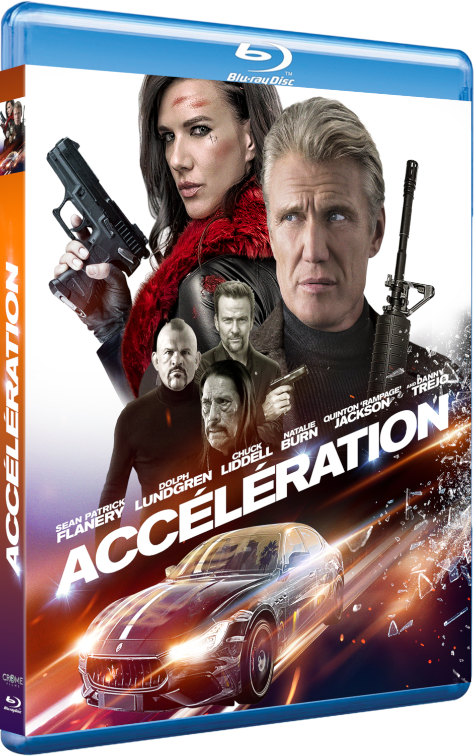 Blu-ray hoes voor de film 'Acceleration'. Met acteurs en een auto met verbrijzeld glas.