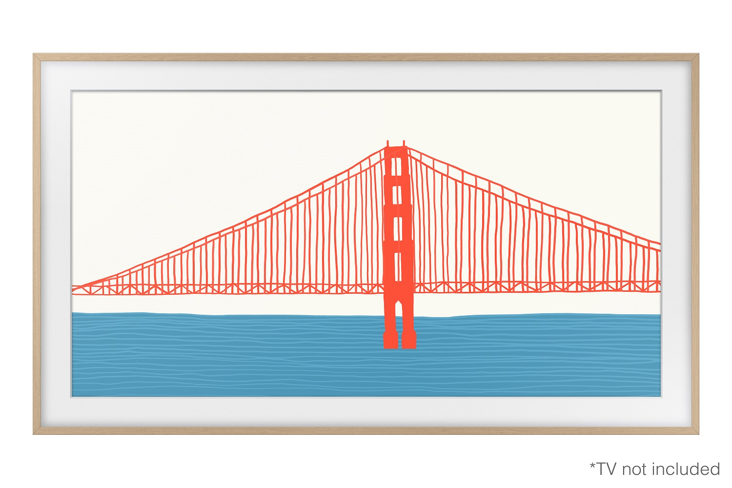 Obra de arte del Golden Gate Bridge en rojo contra mar azul y cielo blanco.