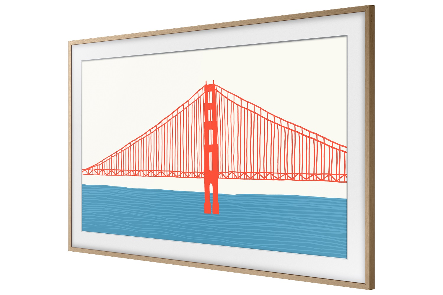 Una obra de arte enmarcada muestra el Golden Gate Bridge en rojo y azul.