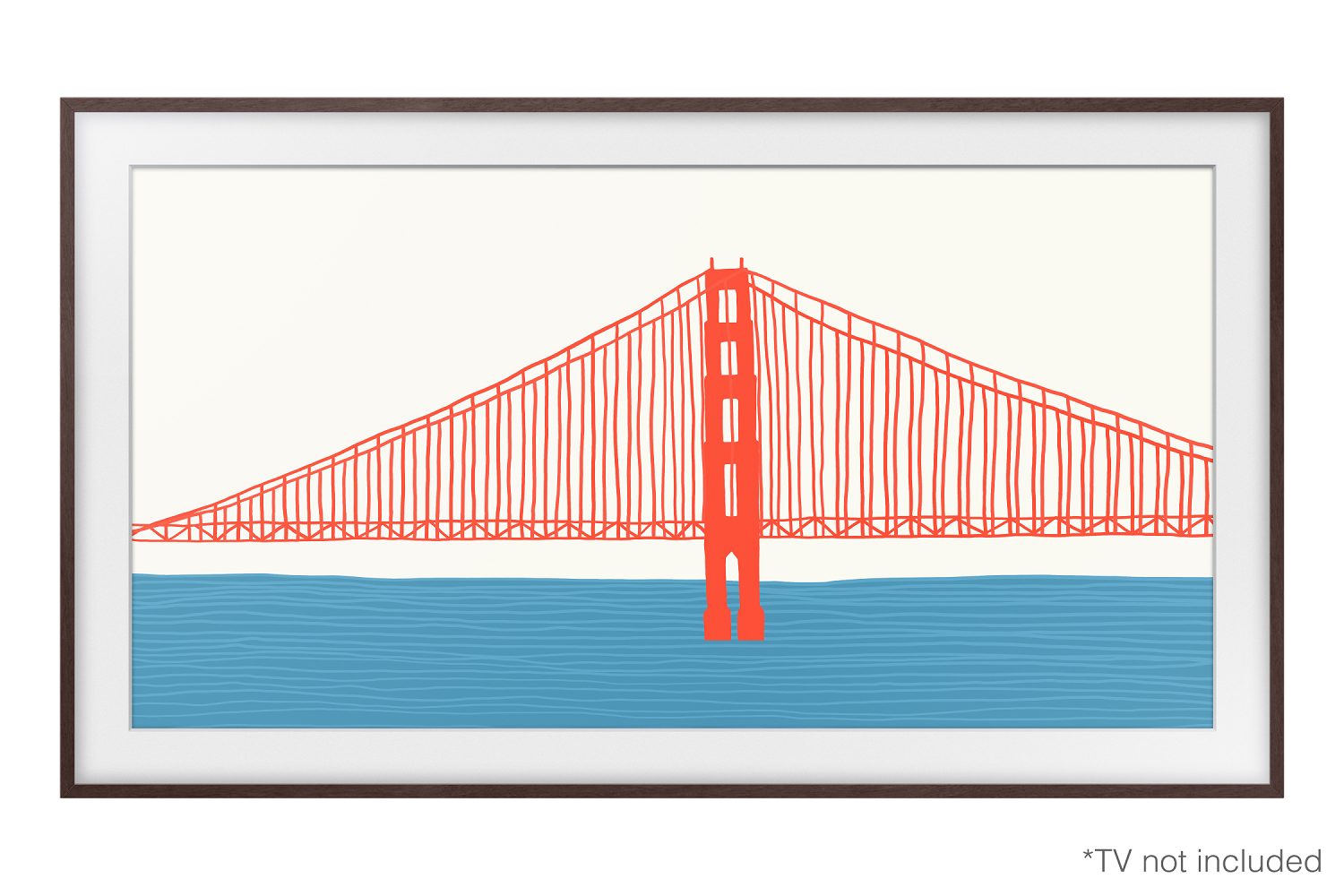Una impresión enmarcada del puente Golden Gate, puente rojo, agua azul, fondo blanco.