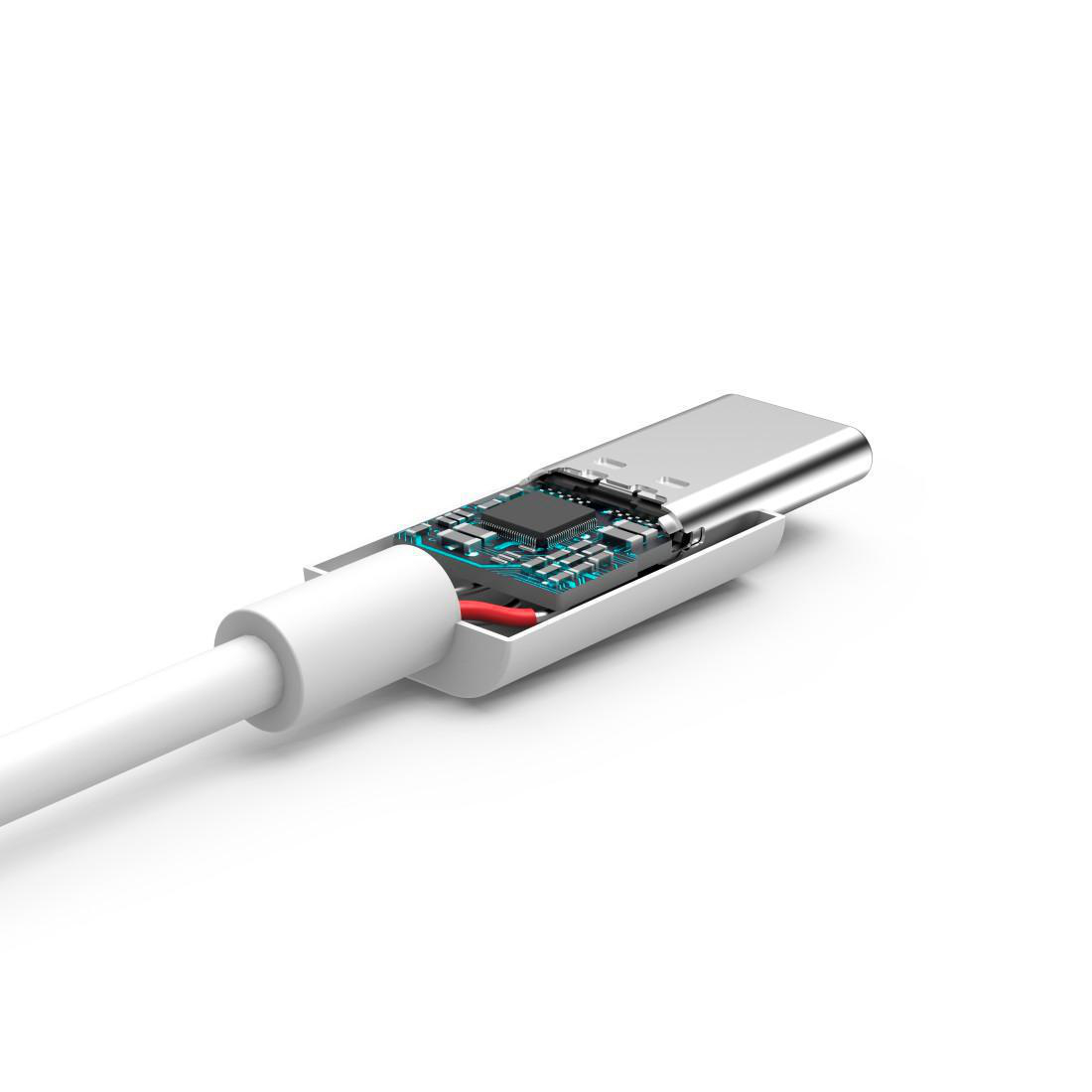 Weißes Kabel mit USB-C-Anschluss-Ausschnitt. Leiterplatte sichtbar. Weißer Hintergrund.