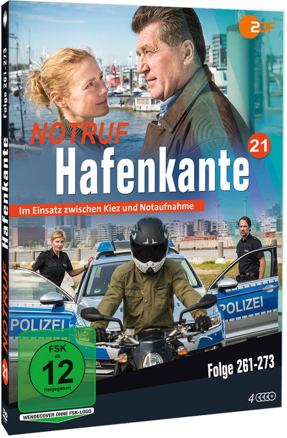 DVD-Cover mit Charakteren der Serie 'Notruf Hafenkante'. Ein Polizeimotorrad und Polizisten sind zu sehen.