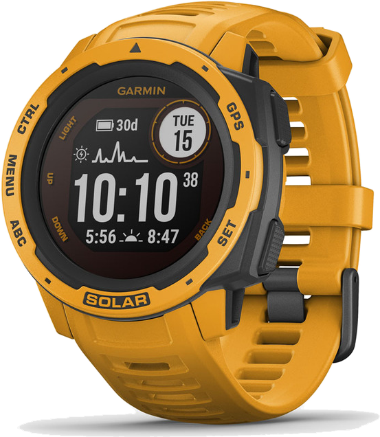 Sárga Garmin Instinct Solar óra. A fekete képernyőn az idő, a dátum és az akkumulátor élettartama látható. CTRL, MENU, ABC, GPS, SET és további gombok.