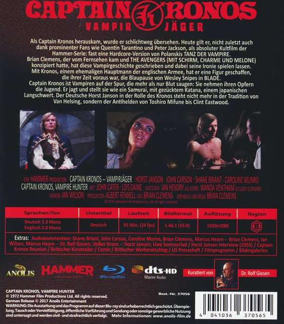 DVD-Cover von Captain Kronos: Vampirjäger, mit Filmstills und Text auf Deutsch.