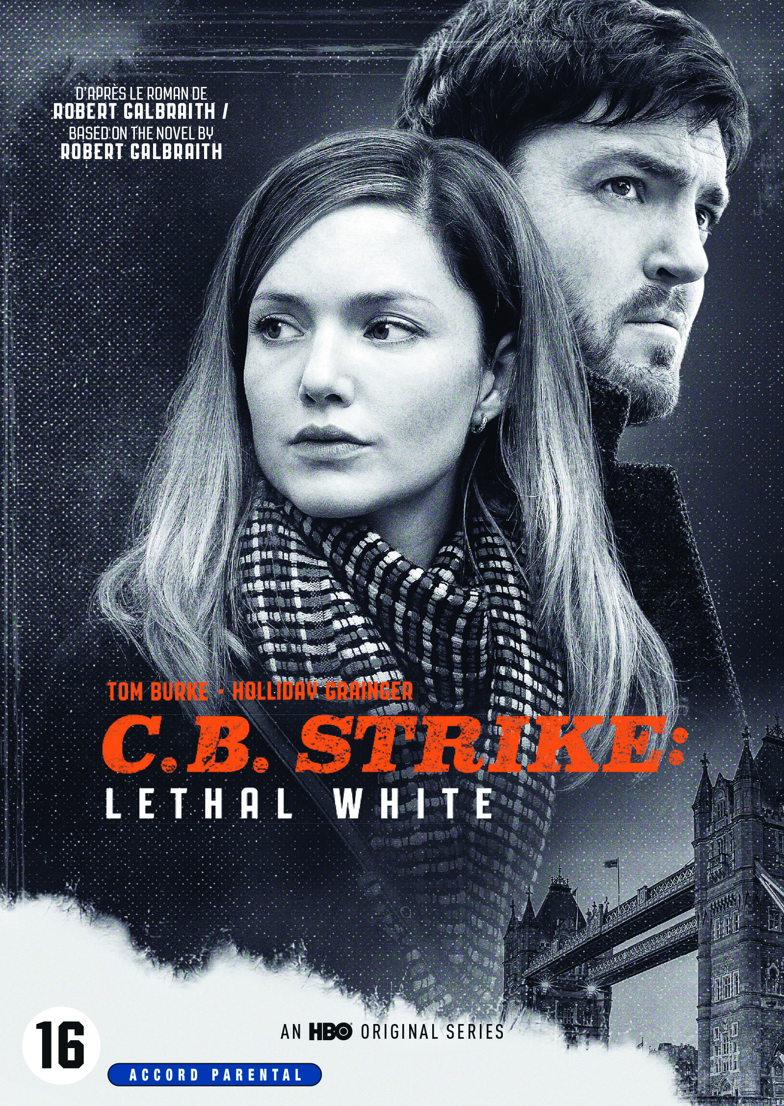 Filmposter voor C.B. Strike: Lethal White. Bevat twee mensen, tekst en een brug.
