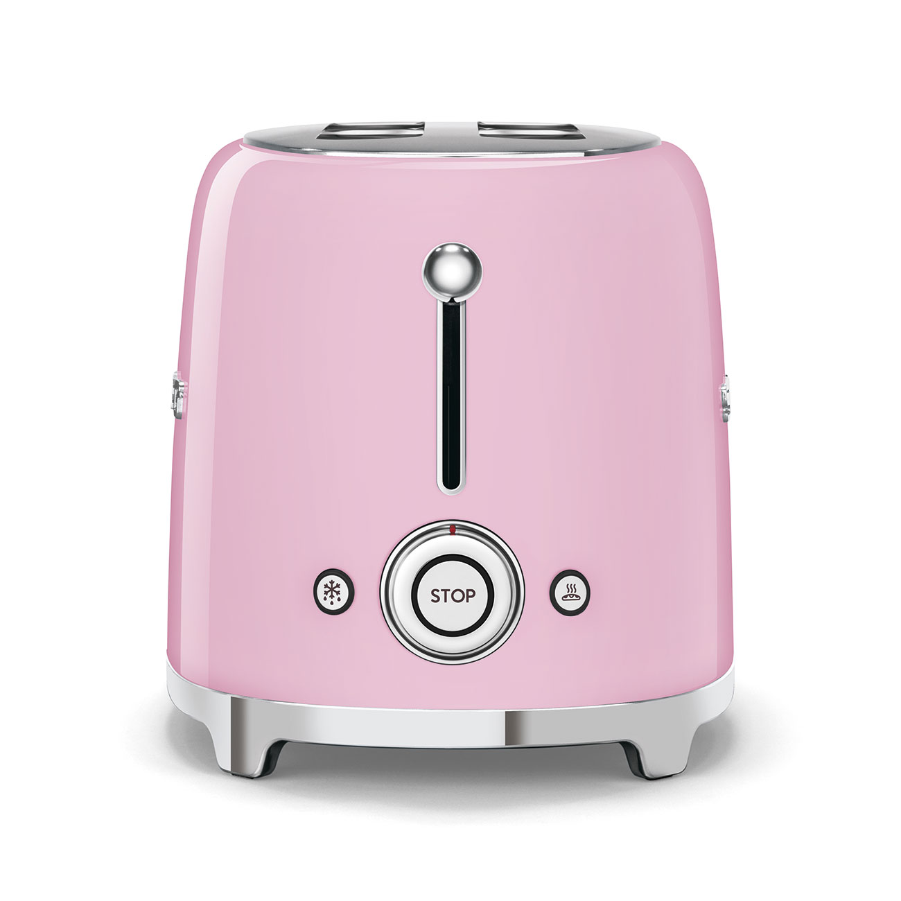Rosa Toaster mit Chromakzenten. Der Toaster steht auf weißem Hintergrund.