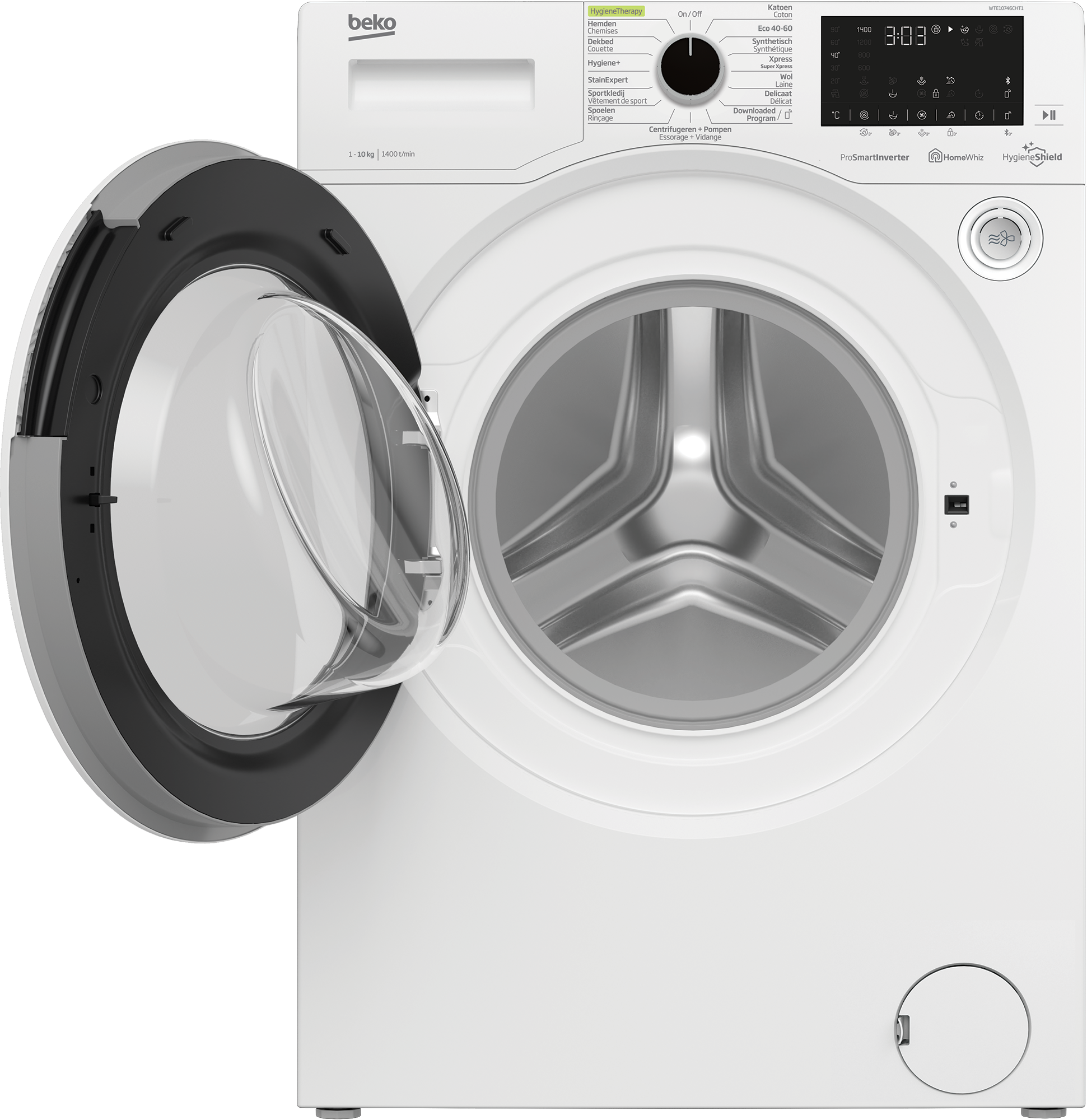 Witte wasmachine met open deur. Knoppen en display zijn zichtbaar aan de bovenkant.
