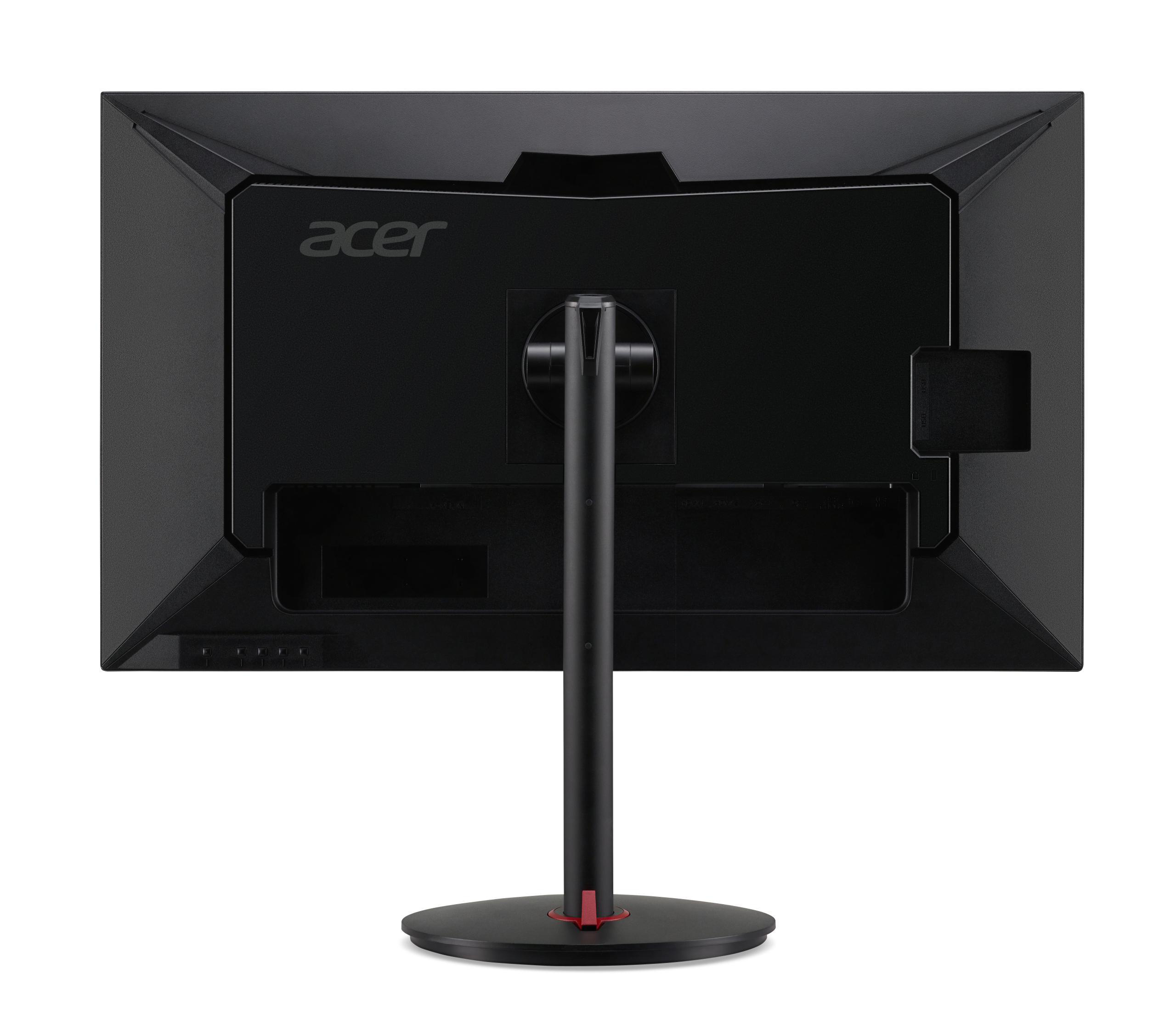 Rückseite eines schwarzen Acer-Monitors. Der Ständer und die Basis sind schwarz und rot.