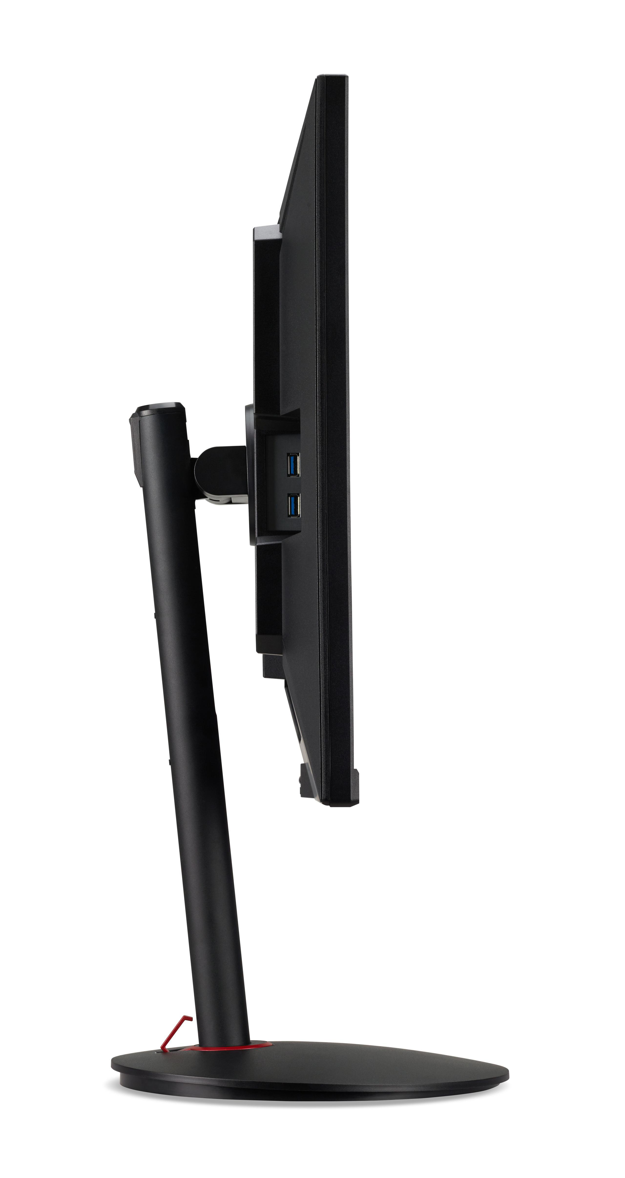 Ein schwarzer Computermonitor, Seitenansicht, auf einem Ständer mit roter Basis und zwei sichtbaren USB-Anschlüssen.