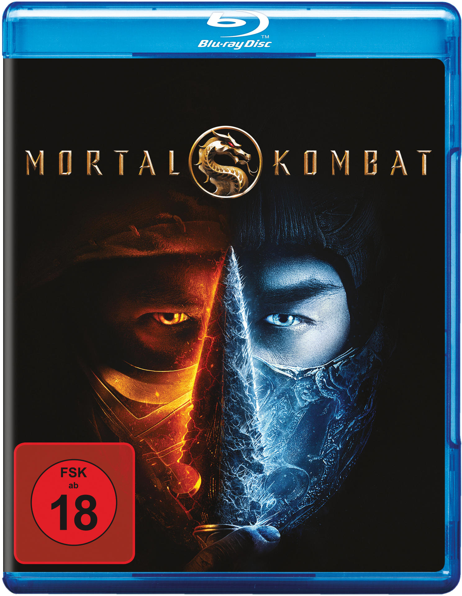 Blu-ray Disc für Mortal Kombat. Das Cover zeigt zwei Gesichter, eines feurig, eines eisig, mit Logo und Bewertung.