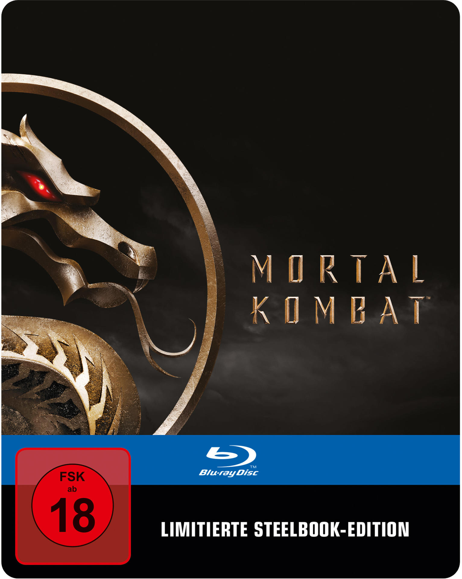 Blu-ray-Disc-Cover, Mortal Kombat, goldenes Drachenlogo, schwarzer Hintergrund, FSK 18.