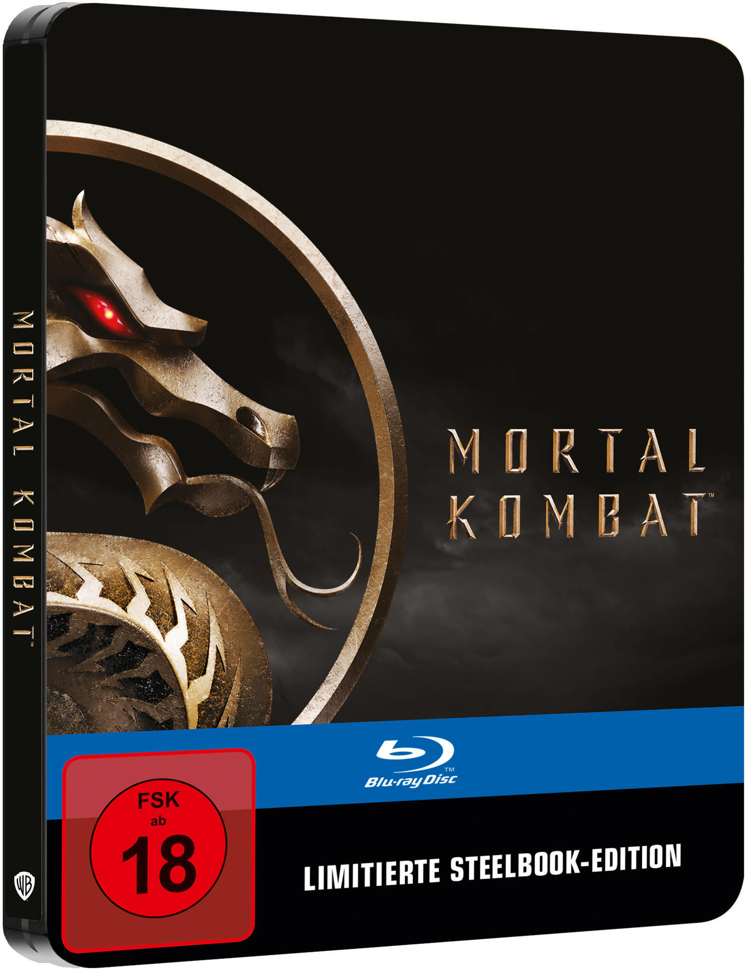 Mortal Kombat Blu-ray-Hülle mit Drachenlogo. Schwarz-Gold-Design. 18+-Bewertung.