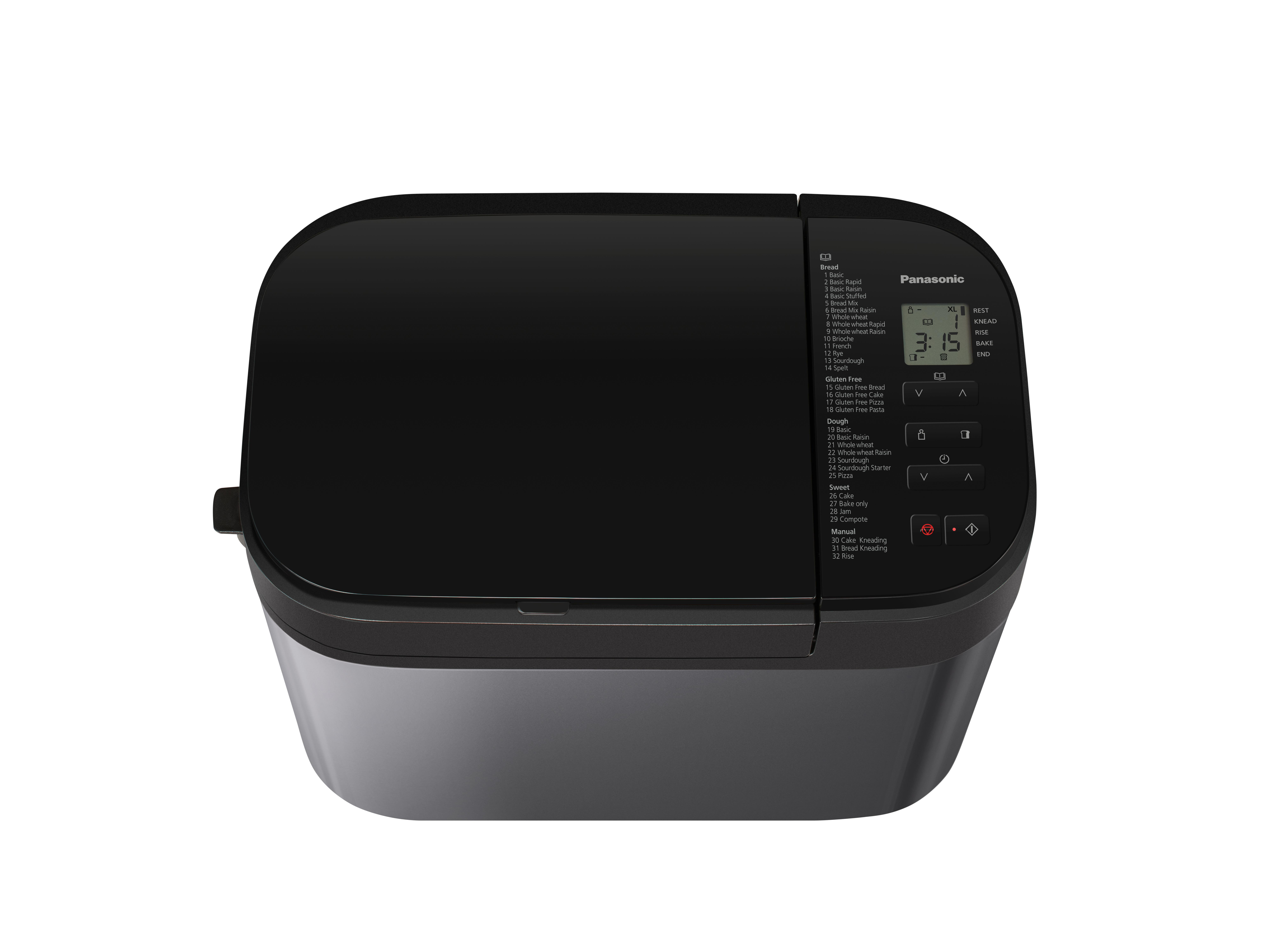 Schwarze Brotmaschine, Draufsicht. Zeigt eine Digitaluhr und Einstellungen.