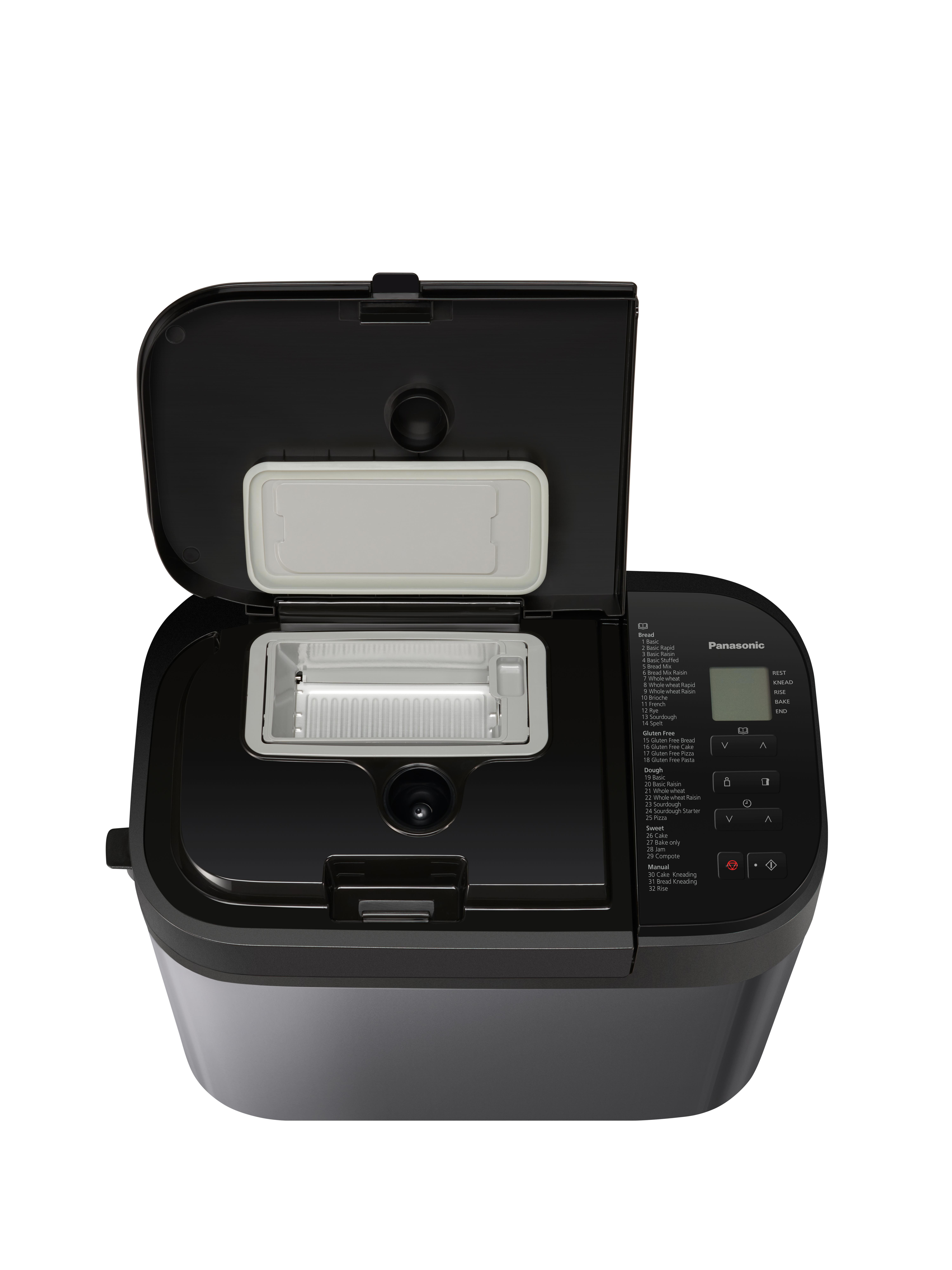 Schwarzer Panasonic Brotbackautomat mit geöffnetem Deckel, der die Brotbackform und Bedienelemente zeigt.