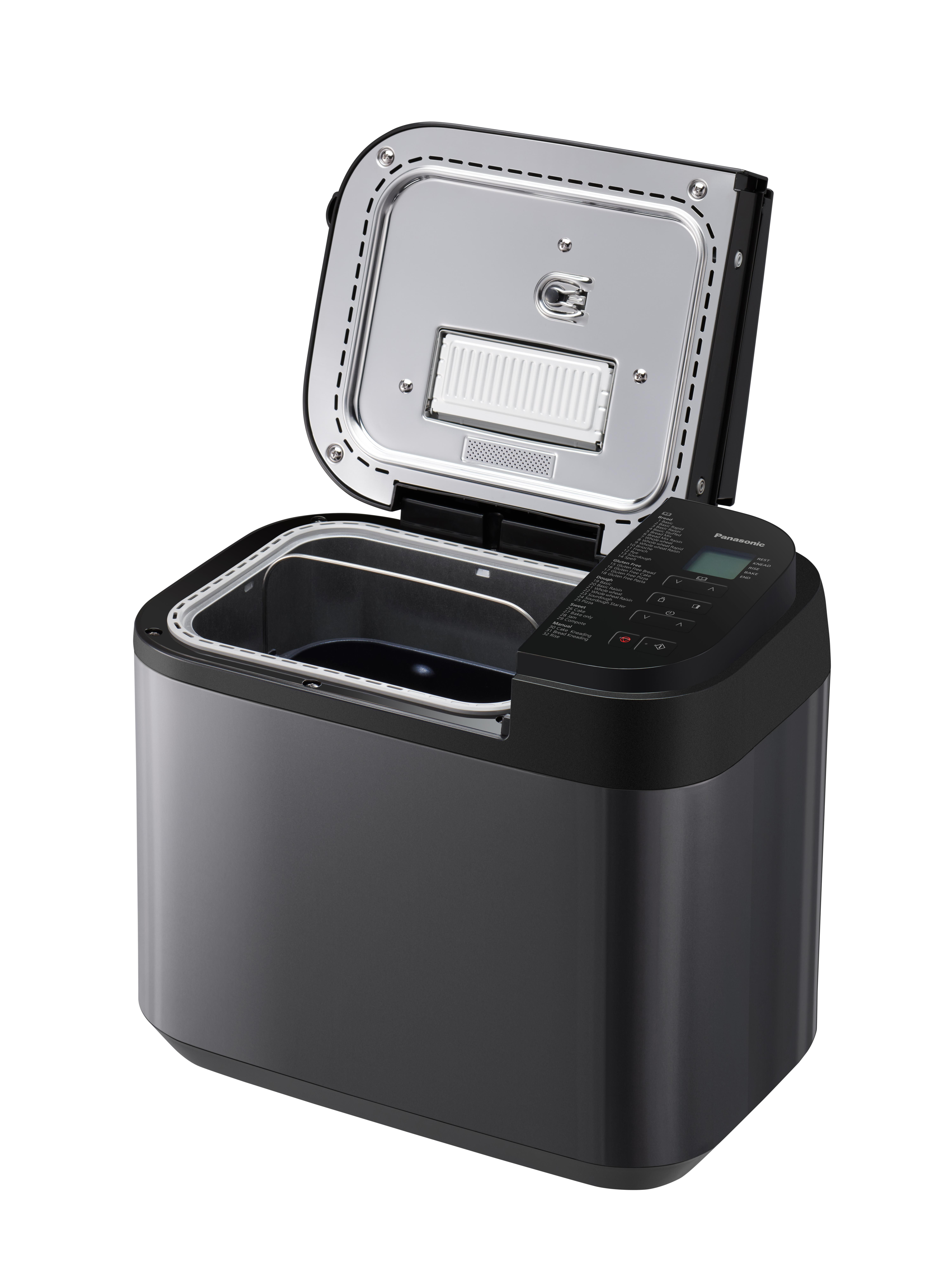 Schwarzer Brotbackautomat mit offenem Deckel, Innenraum und Bedienfeld.