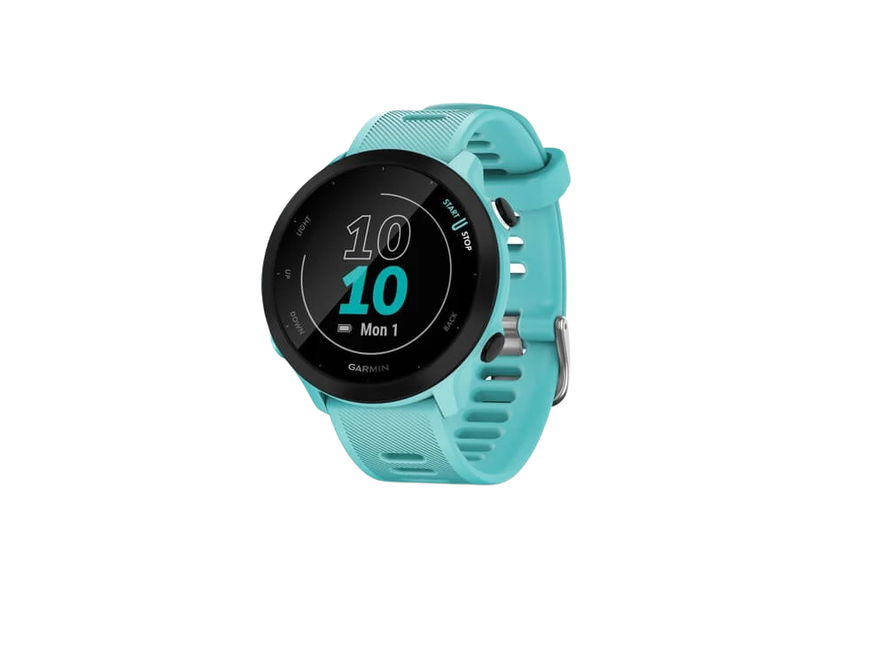 Garmin Forerunner 55 reloj inteligente para running con gps planes entrenamiento notificaciones y seguimiento del bienestar turquesa deportivo bluetooth hasta 15 autonomía azul sportwatch 104 mip 14 frecuencia 5 atm aqua42mm cardiaco