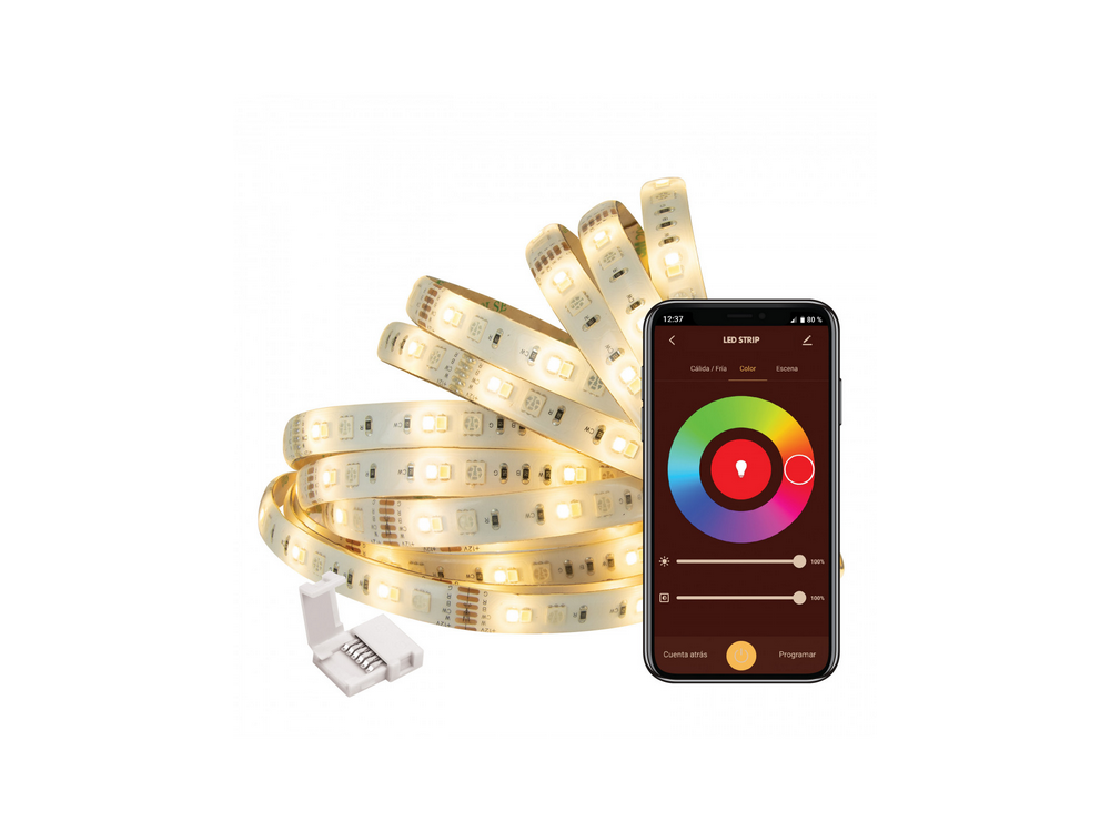 Una tira LED inteligente con una aplicación móvil para el control y la configuración del color.