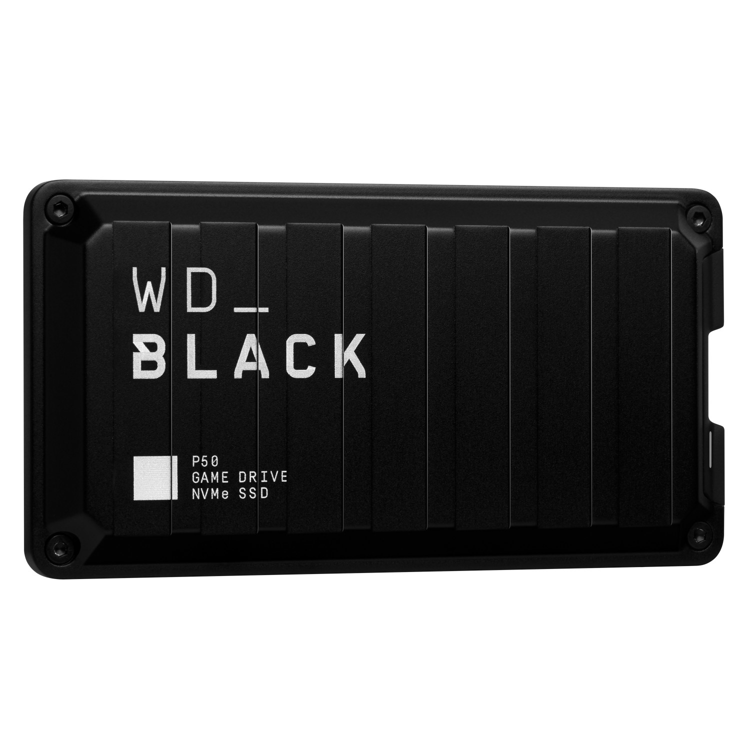 Disco duro WD_BLACK P50 Game Drive NVMe SSD negro. Disco rectangular negro con superficie acanalada y logo blanco.