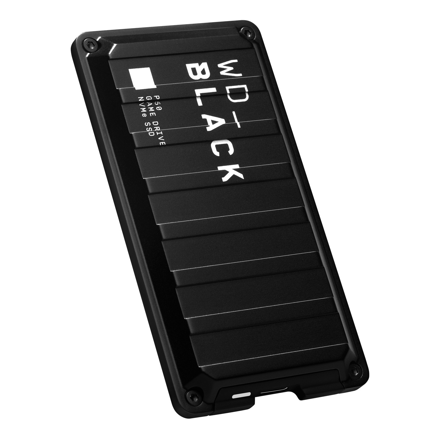 Disco duro externo WD_BLACK negro, negro con texto blanco, de pie.