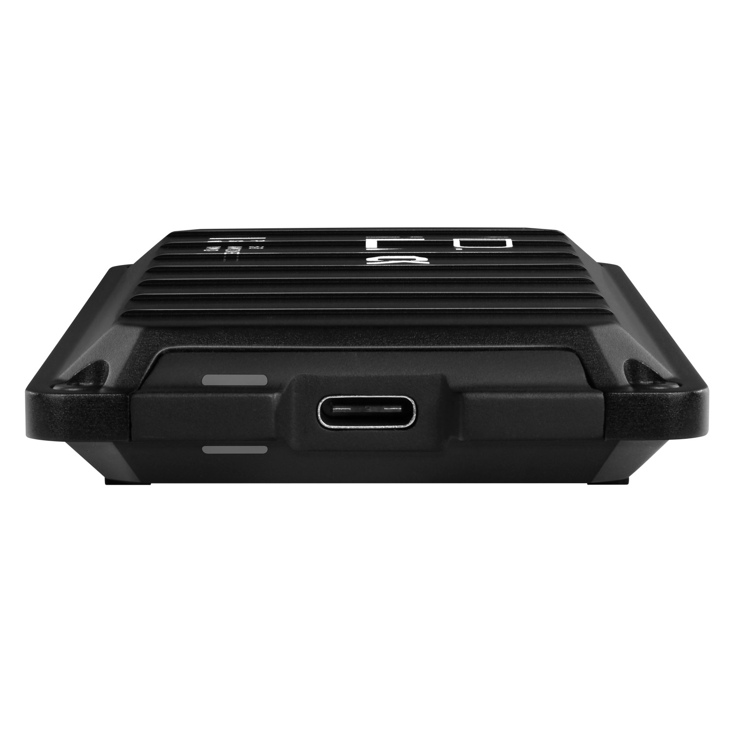 Un pequeño dispositivo rectangular negro con un puerto USB-C. El dispositivo tiene una parte superior estriada y un frente liso.