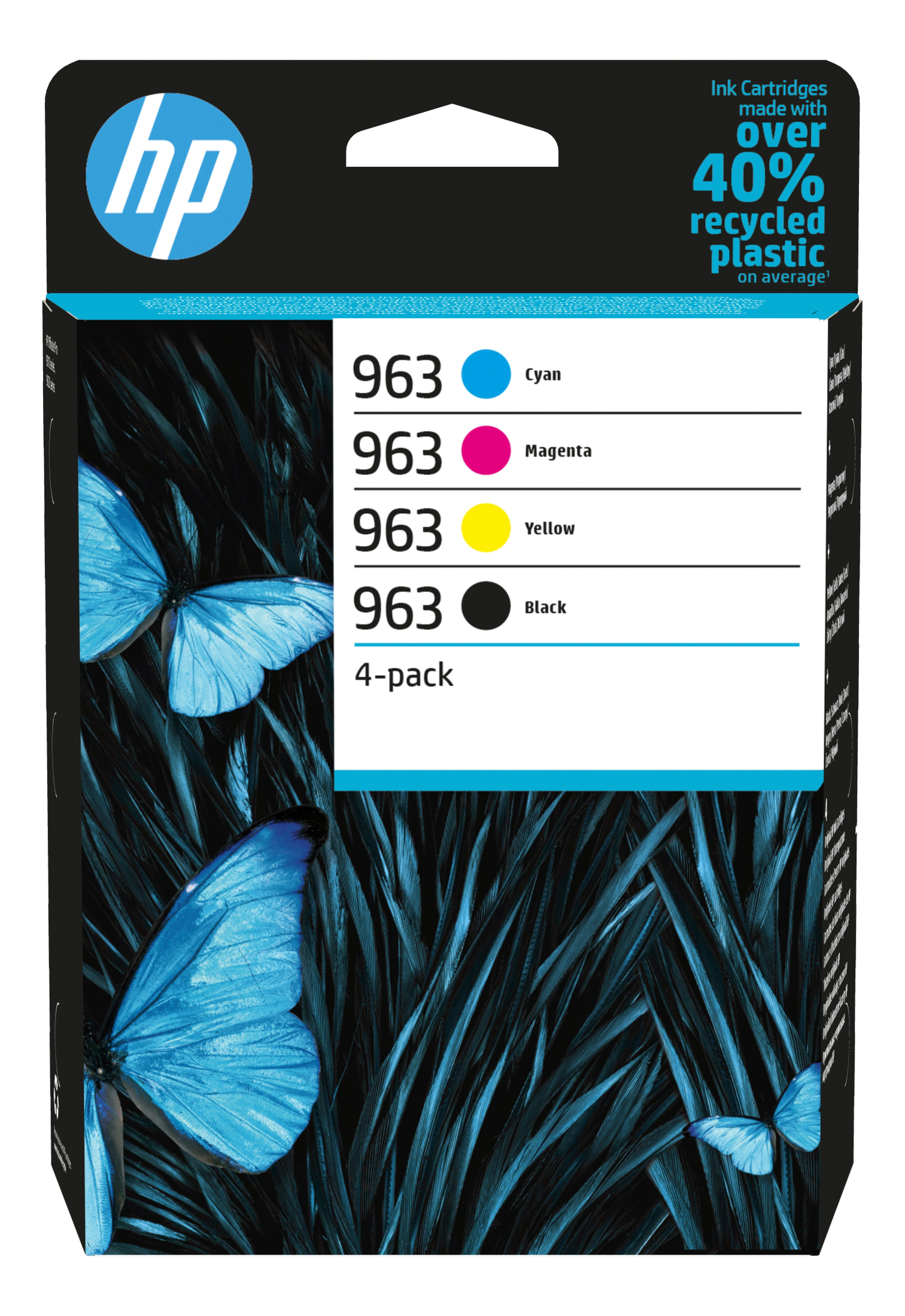 Boîte de cartouches d'encre HP. Cyan, magenta, jaune et noir, avec image de papillon.