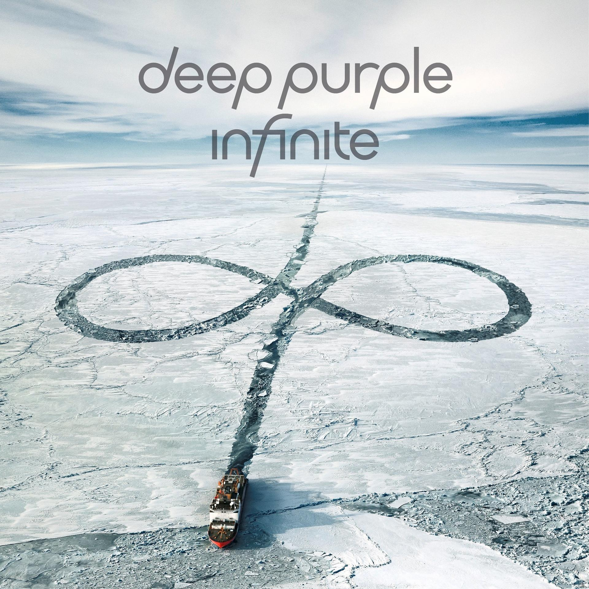 A Deep Purple Infinite album borítója. Egy hajó a jeges vízben egy logóval.