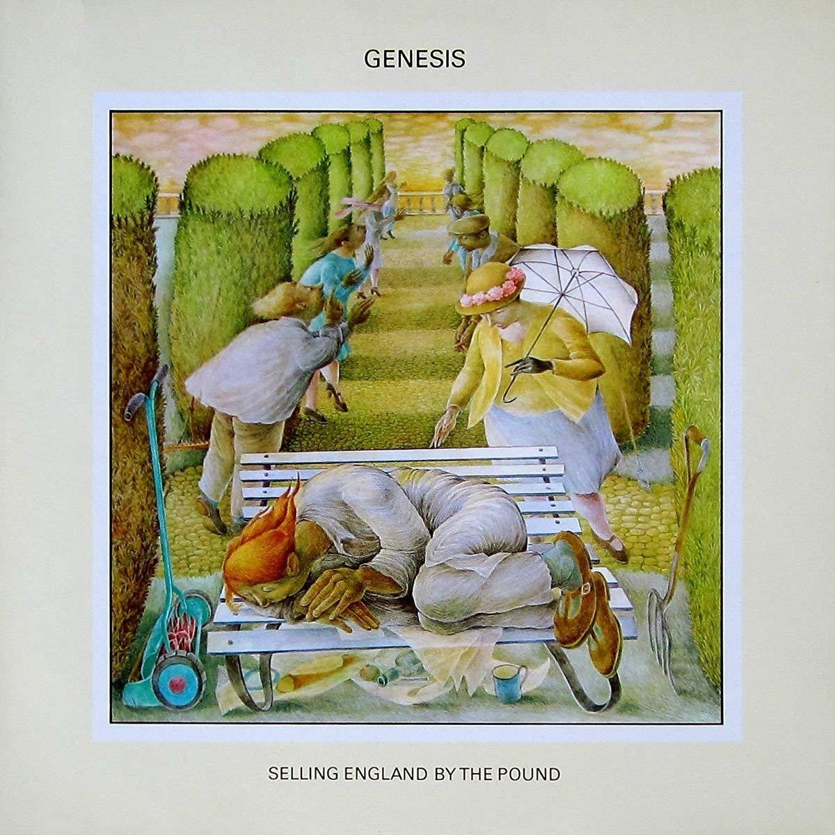 Albumhoes: Een parkscène met mensen. Iemand slaapt op een bank. GENESIS bovenaan.