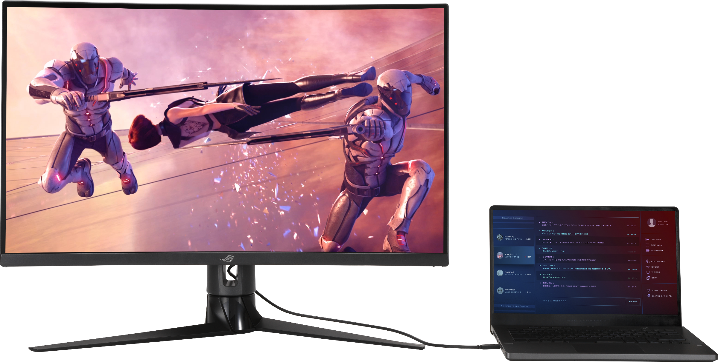 Un moniteur de jeu et un ordinateur portable avec une scène de jeu et des fenêtres de chat ouvertes.