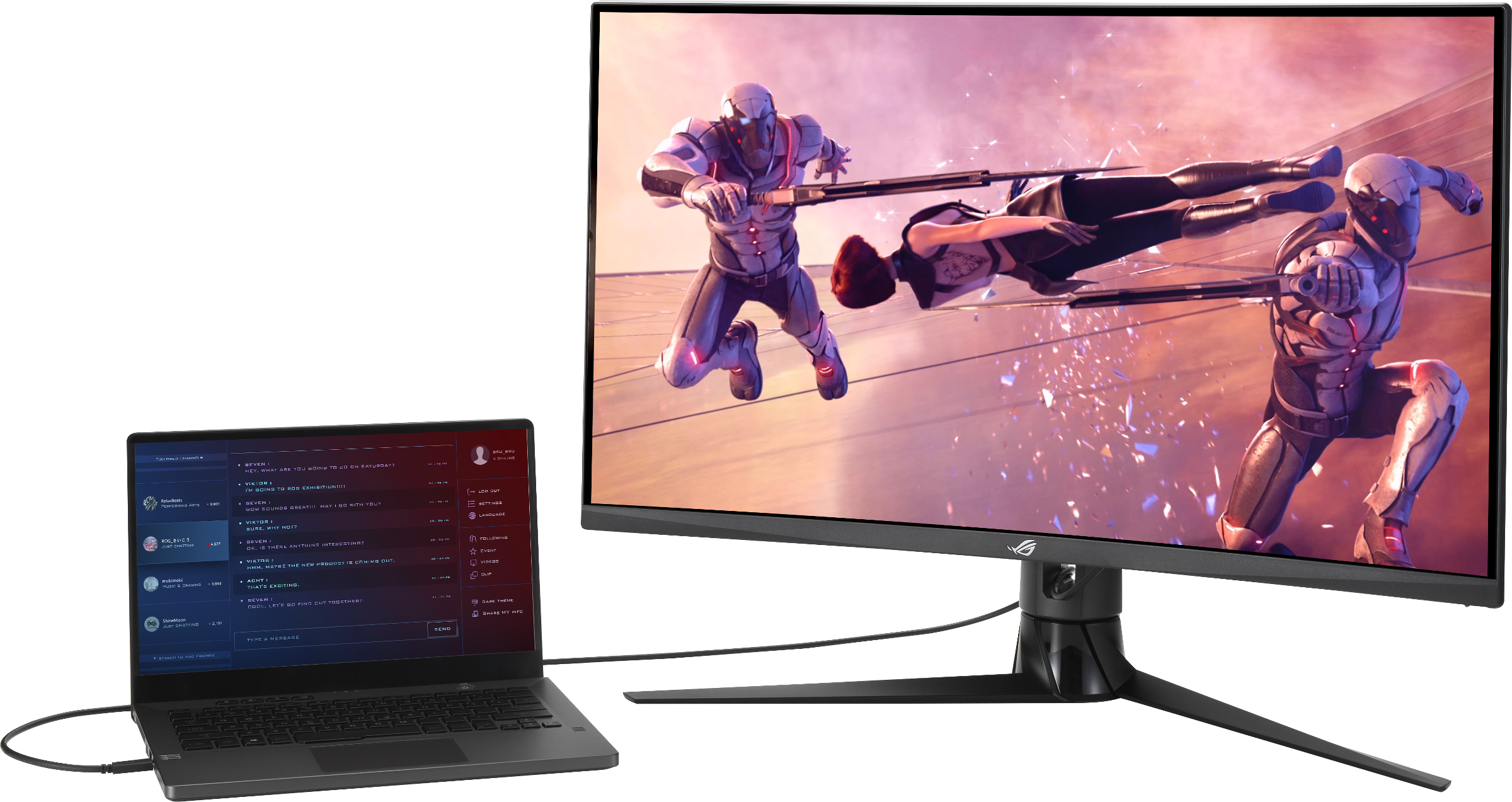 Une configuration de jeu. Un ordinateur portable est connecté à un grand moniteur. Une scène de jeu est sur le moniteur.