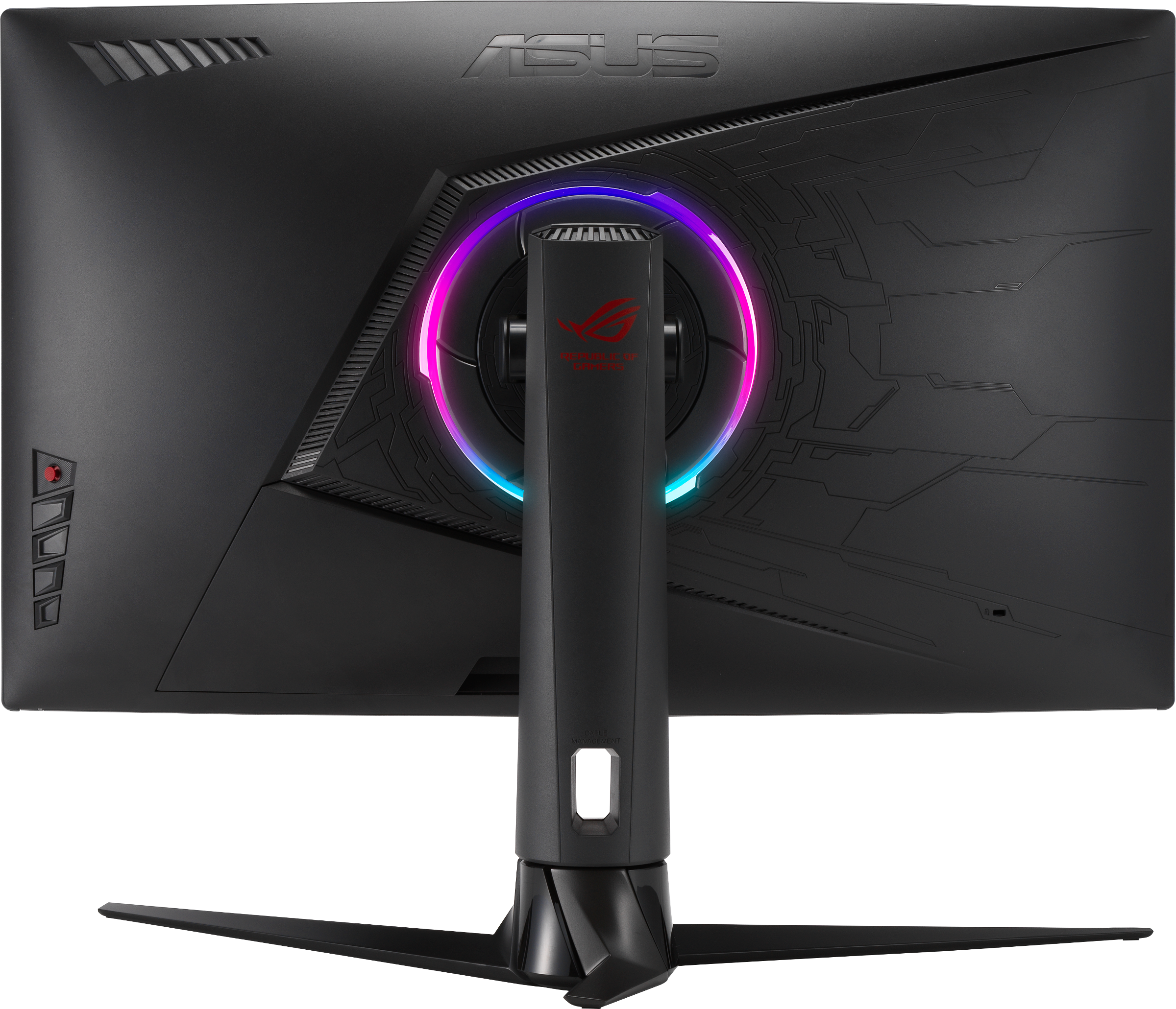 Arrière d'écran de jeu noir avec logo rouge, lumières RVB et support. Surface texturée.