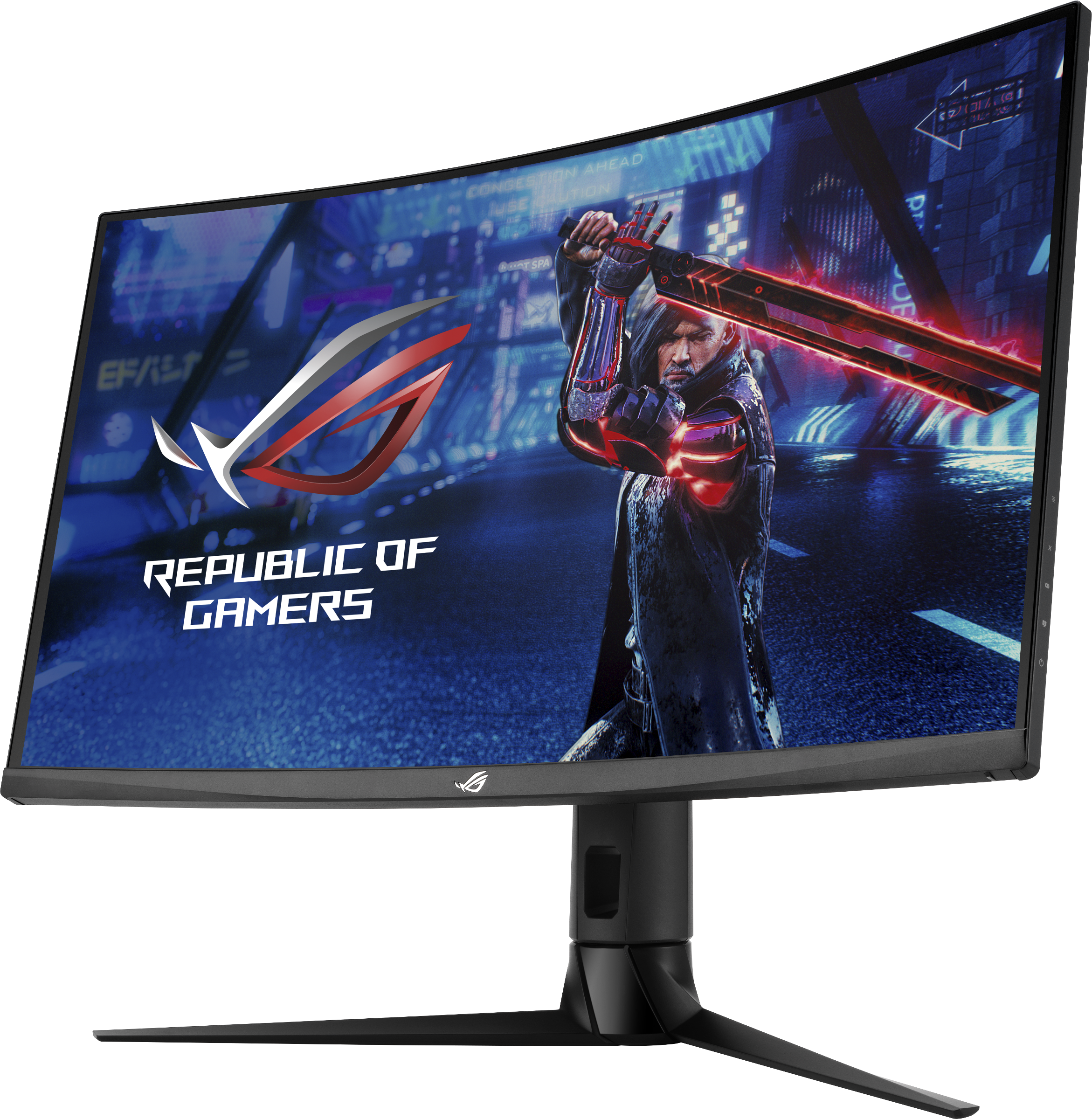 Un moniteur de jeu incurvé affichant une scène futuriste. Les mots Republic of Gamers sont visibles.