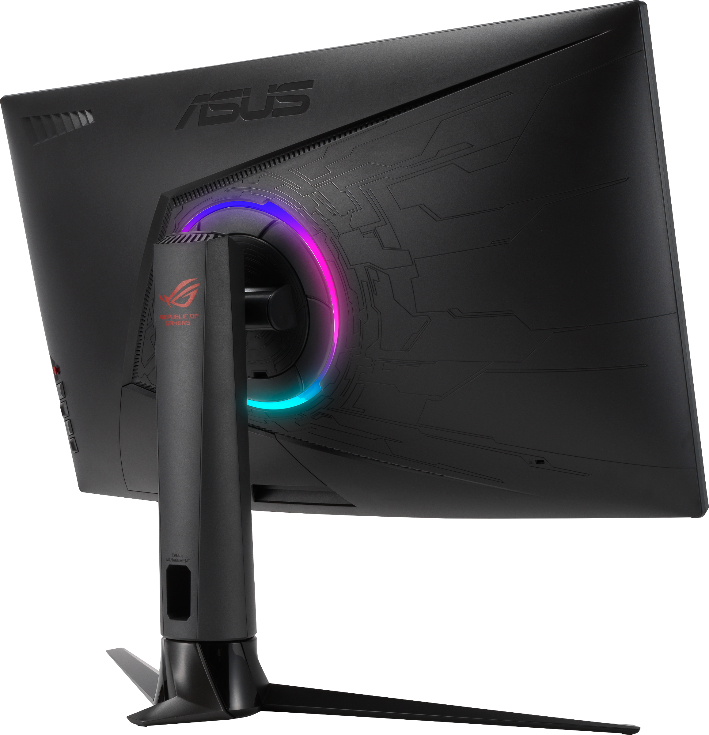 Vue arrière d'un moniteur de jeu noir avec logo ASUS, anneau lumineux coloré et pied.