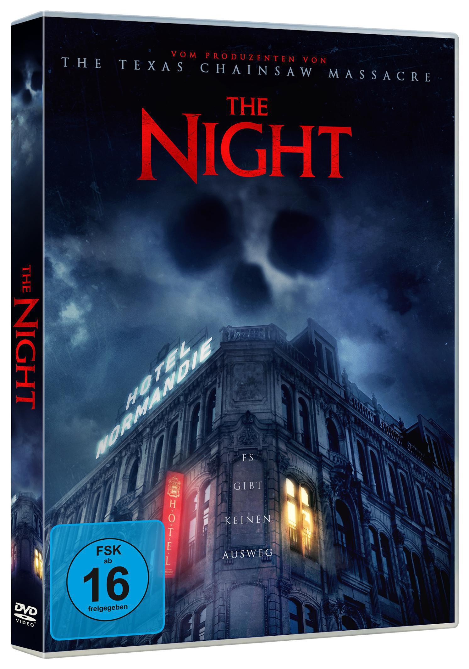 DVD-Hülle für 'The Night'. Zeigt ein dunkles Gebäude und Nachthimmel. Der Titel ist rot.