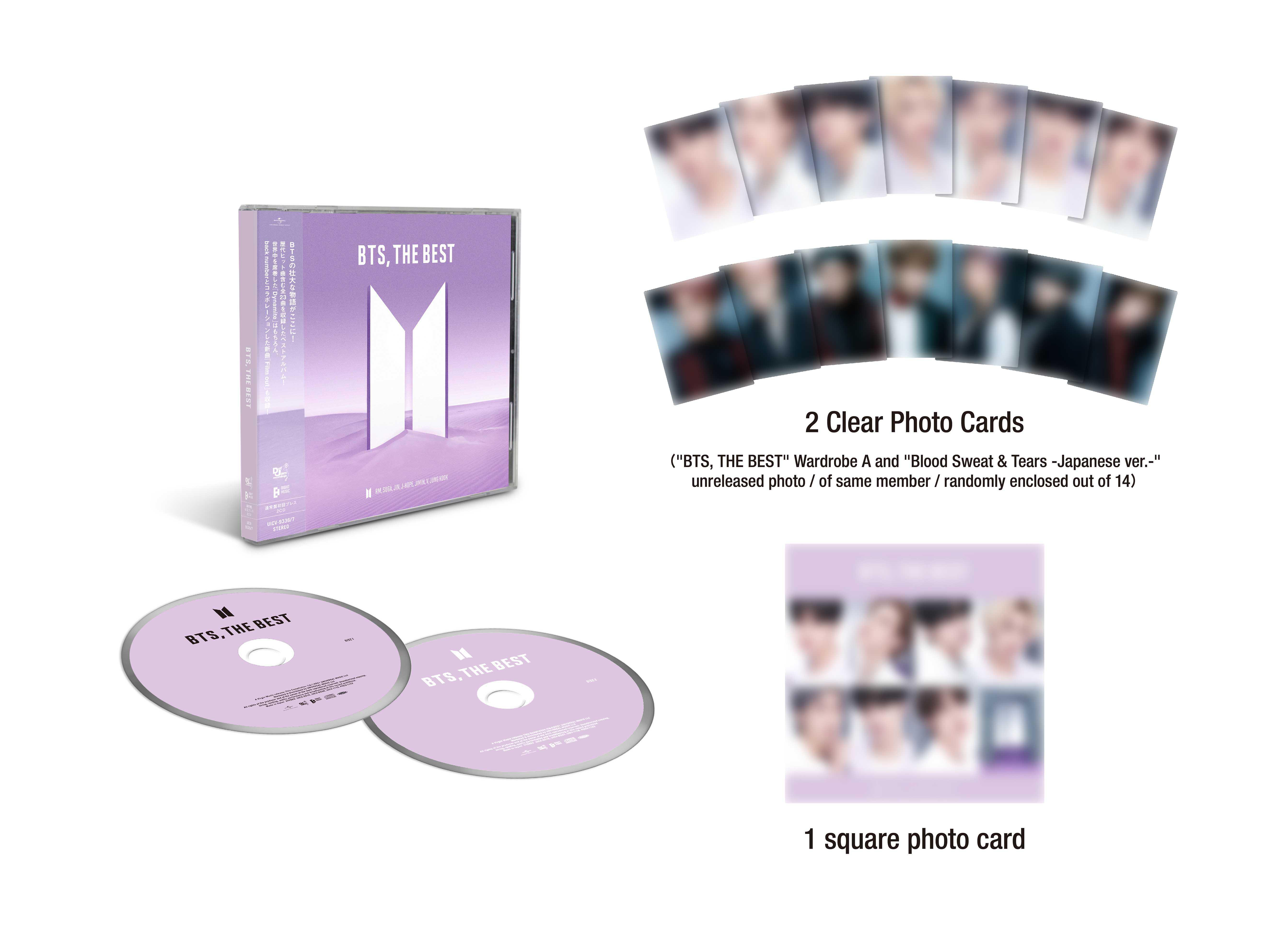 BTS-Musikalbum mit Fotokarten, einschließlich zwei CDs und einer quadratischen Karte.
