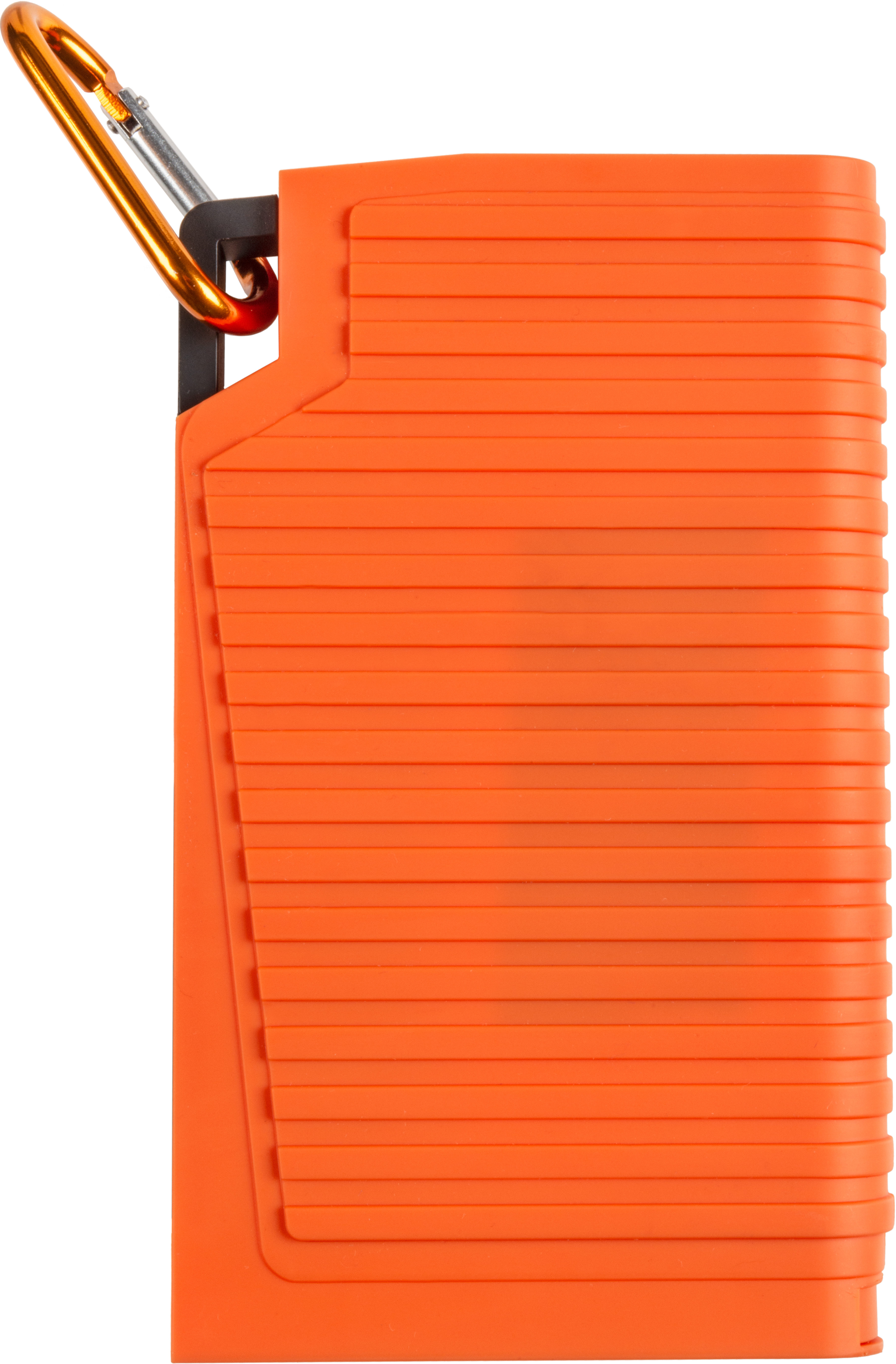 Oranges, rechteckiges Gehäuse mit schwarzem Rand und silbernem Karabiner. Weißer Hintergrund.