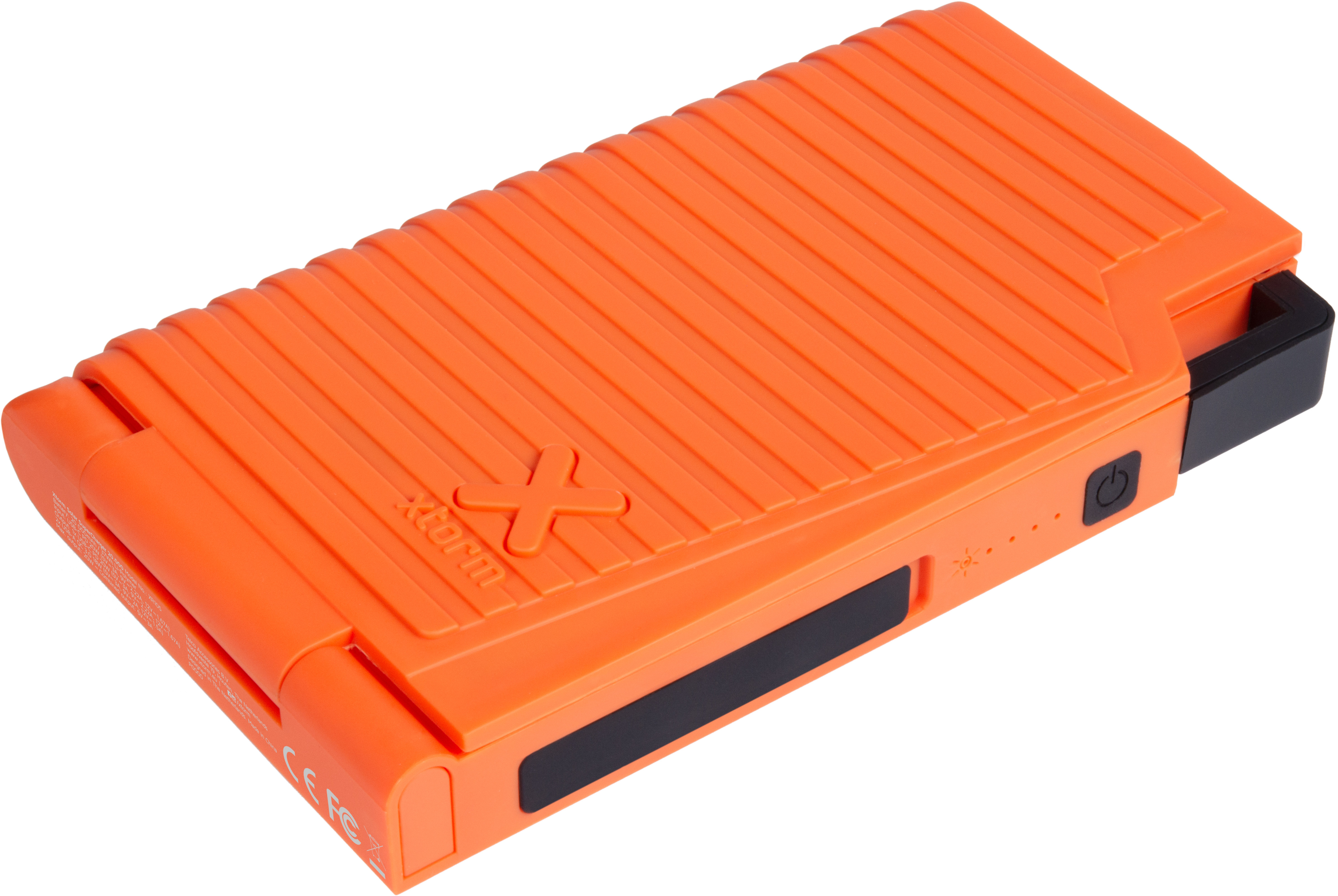 Eine orangefarbene, robuste externe Festplatte mit schwarzem Griff und Power-Knopf.