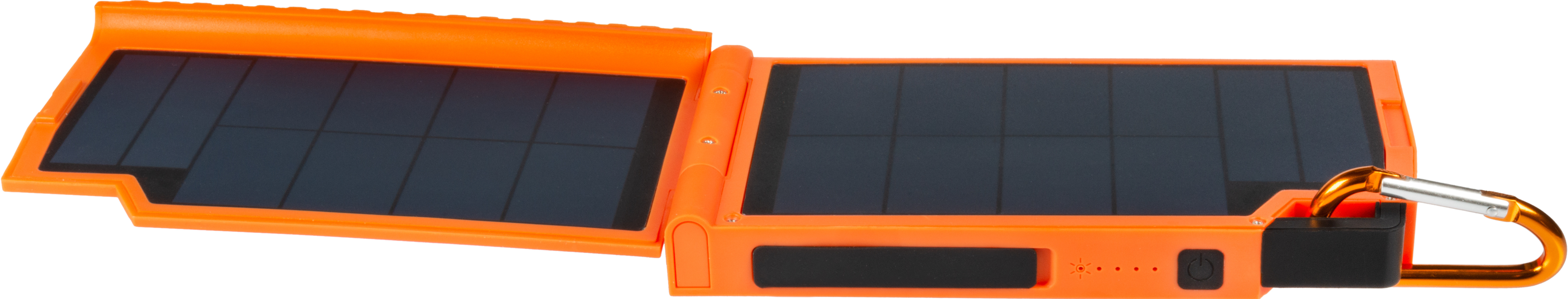 Orangenes Solarpanelgerät. Das Gerät ist geöffnet und hat zwei Solarpaneele. Inklusive Karabiner.