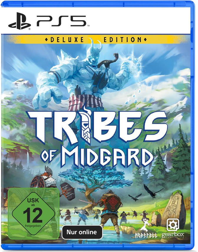 Tribes of Midgard Deluxe Edition Spielbox für PS5. Fantasy-Kunst von Figuren.