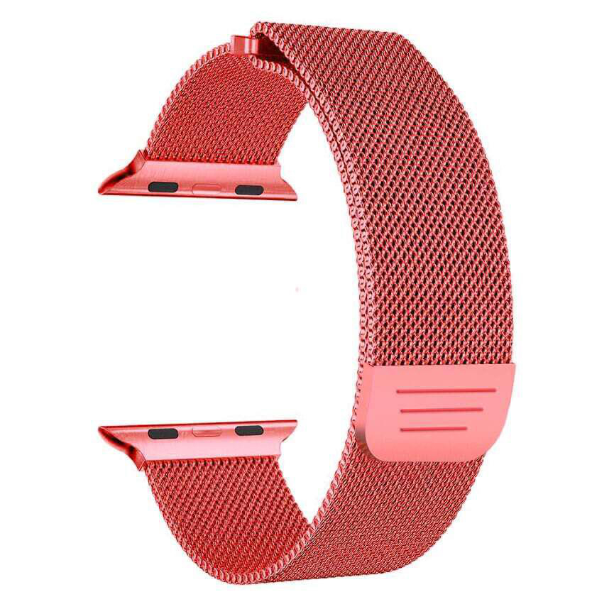 Rotes Apple Watch-Armband, Mesh-Design, gebogen, mit Anschlüssen.