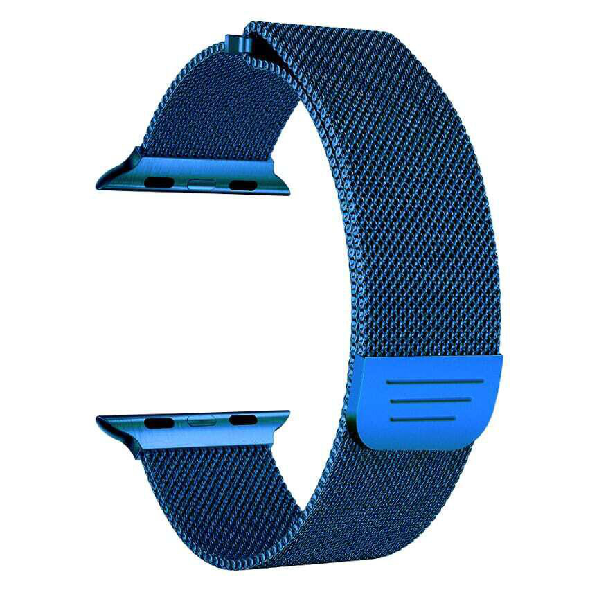Blaues Uhrenarmband, ein maschenartiges Design, mit Befestigungspunkten. Metallisches Aussehen.