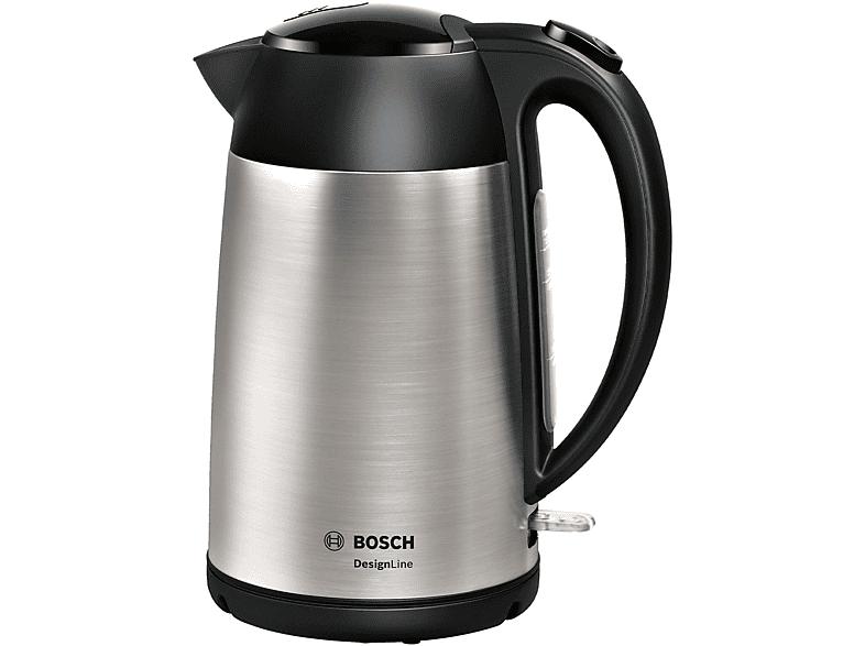 Bollitore BOSCH TWK3P420, Capacità 1.7L, Spegnimento automatico, Beccuccio antigoccia, Filtro anticalcare removibile in Acciaio Inox, Indicatore Livello dell'Acqua, Nero e acciaio Inox