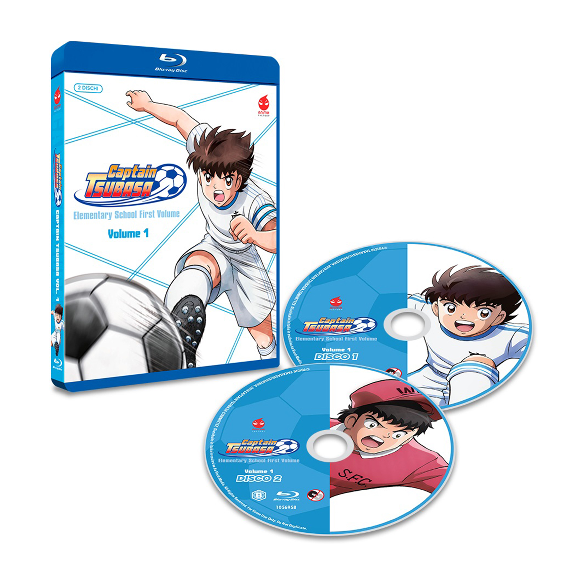 Custodia Blu-ray con due dischi visibili. Un'immagine di cartone animato di un calciatore sulla custodia.