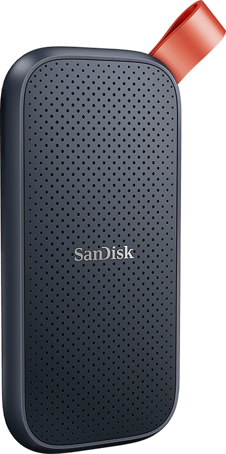 Een donkerblauwe externe harde schijf van SanDisk met een rode lus op een zwarte achtergrond.