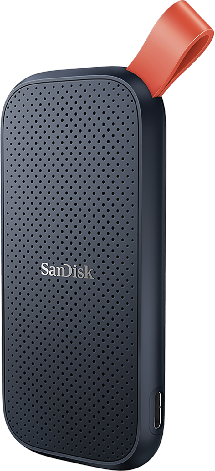 Donkerblauwe en zwarte SanDisk externe harde schijf met oranje lus.