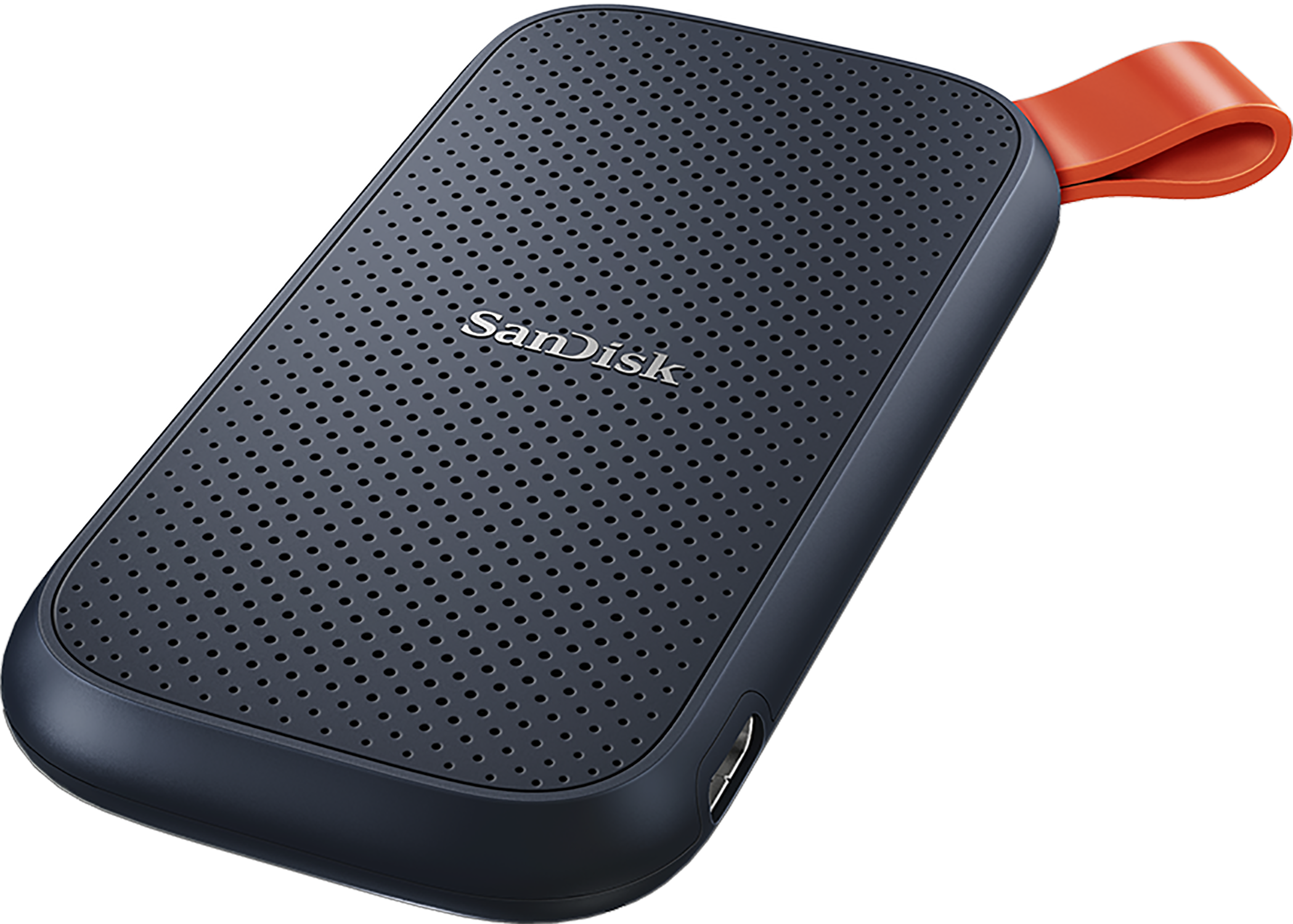 Marineblauwe SanDisk draagbare harde schijf met oranje lus. Geperforeerd oppervlak.