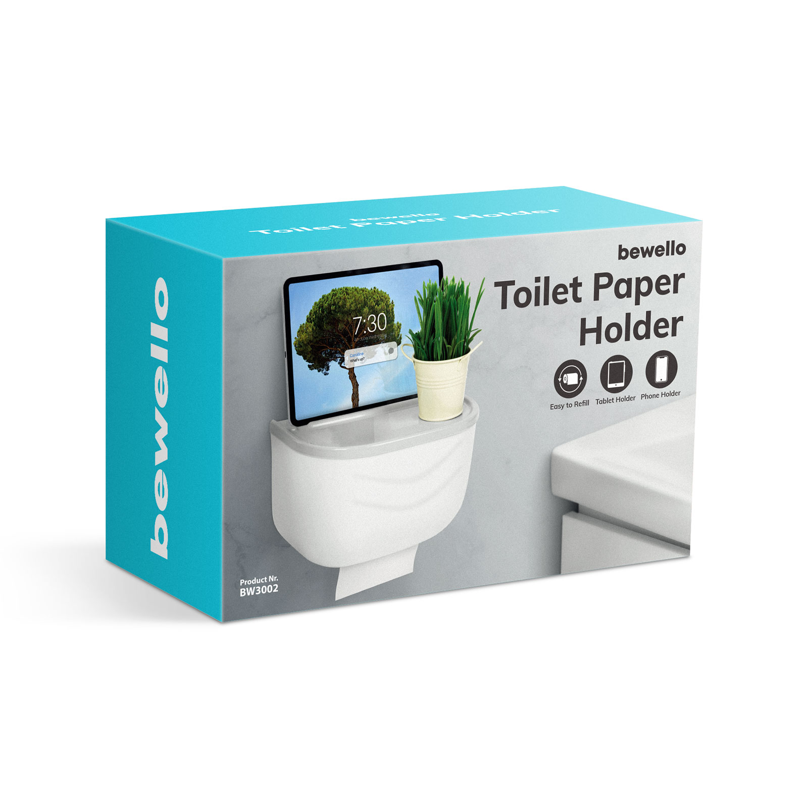 Doboz WC-papír tartóval. Tartalmaz egy táblagépet és egy kis növényt. Fehér és világoskék dizájn.