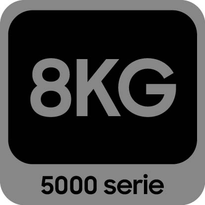 Een zwart vierkant met de tekst "8KG" en "5000 serie" in grijs.