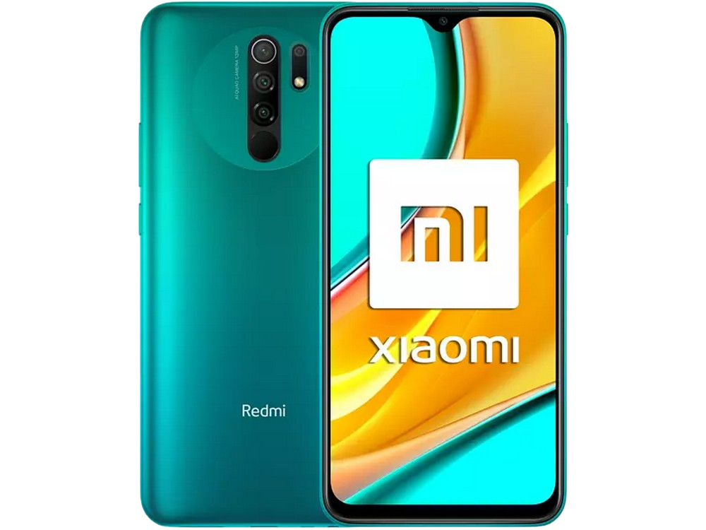 Teléfono verde con el logo blanco de Xiaomi en la pantalla. Cámaras traseras en la parte superior izquierda.
