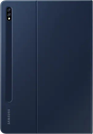 Étui de tablette bleu marine avec un logo Samsung et une fermeture magnétique sur fond blanc.